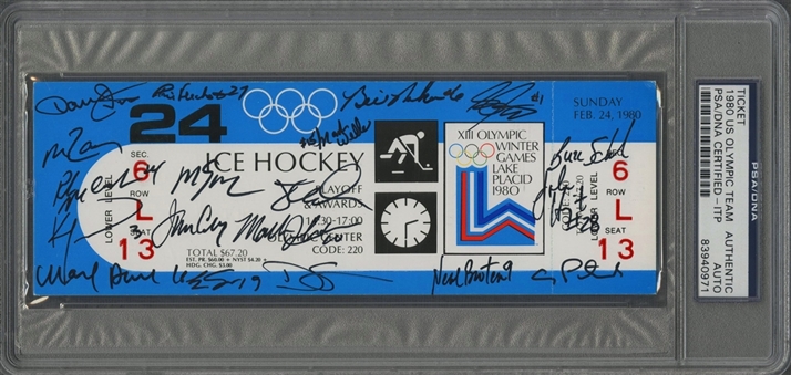 1980 USA Olympic Hockey Team Signed Full Ticket - Miracle on Ice With 18 Signatures Including Eruzione, Craig, Broten & Christian (PSA/DNA)